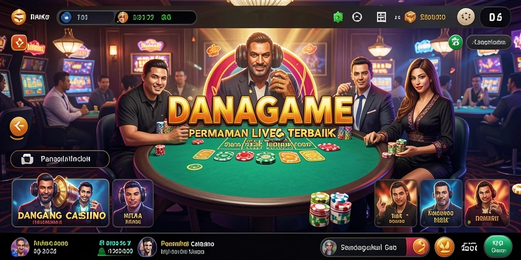 Screenshot gameplay DANAGAME menampilkan dealer langsung dan suasana kasino yang dinamis.