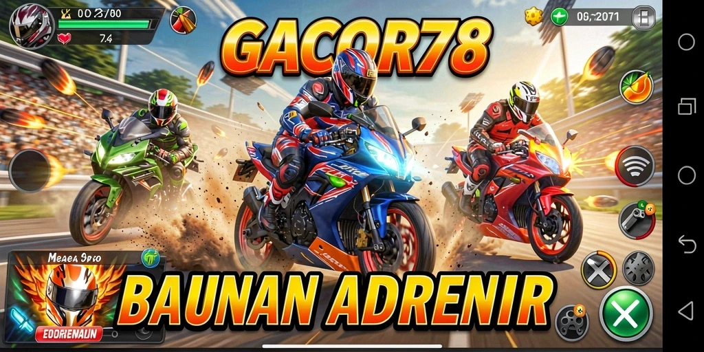 Tampilan gameplay seru dalam GACOR78 menampilkan balapan motor yang mendebarkan.