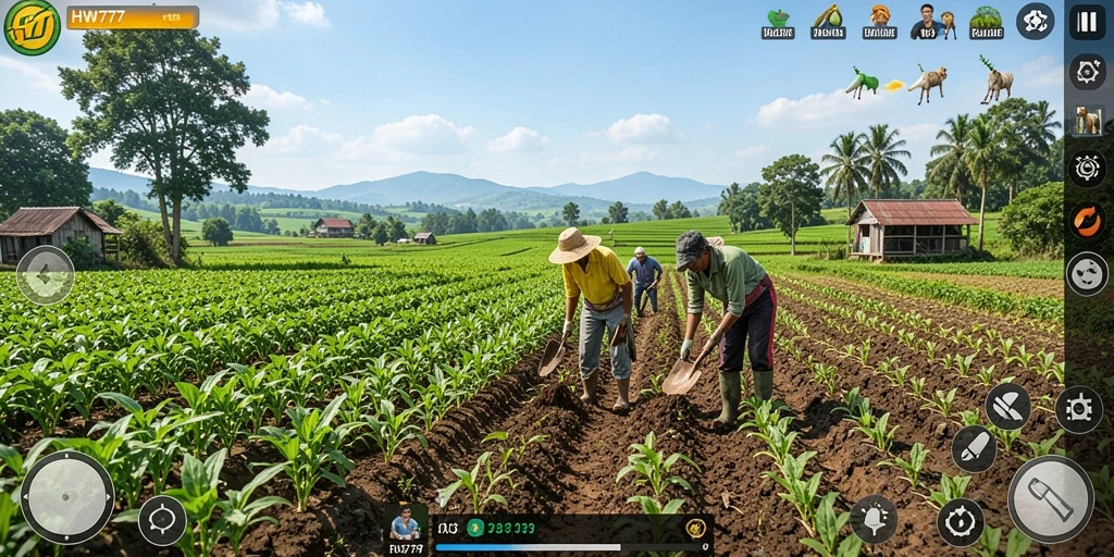 Screenshot HW777 menampilkan aksi seru bertani dengan berbagai tanaman hijau.
