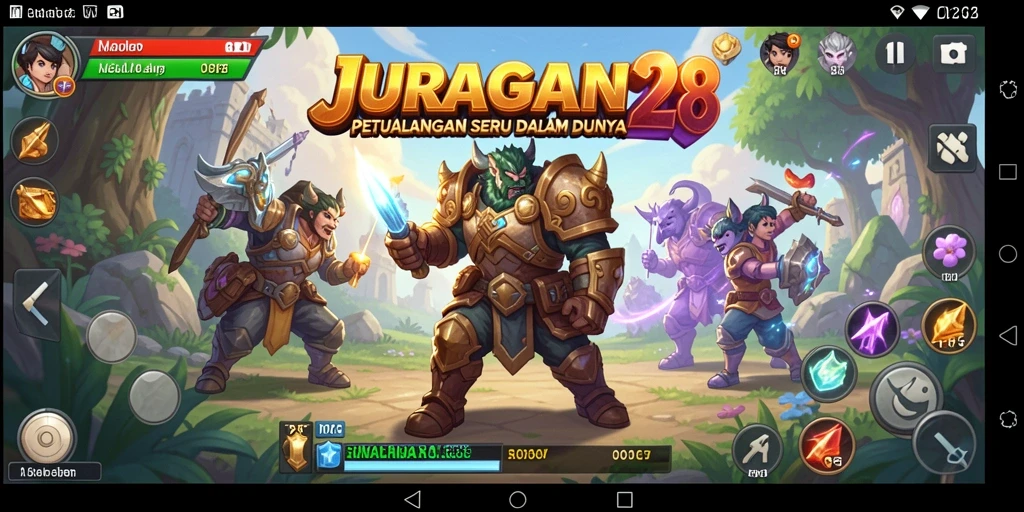 Screenshot gameplay JURAGAN28 dengan pertarungan epik dan karakter unik.