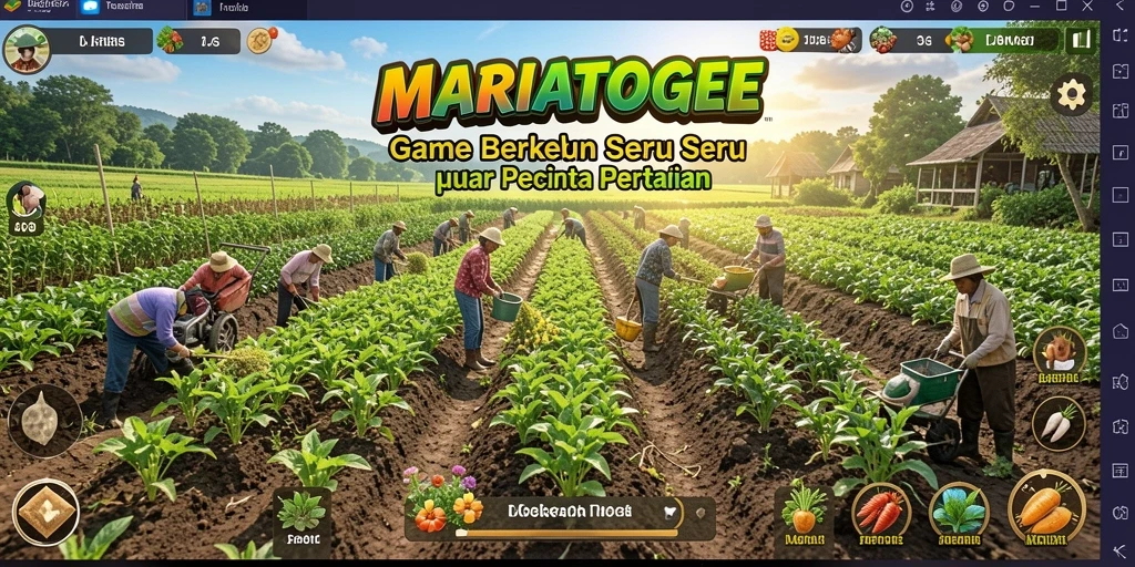Tampilan gameplay MARIATOGEL dengan berbagai tanaman dan hewan ternak.