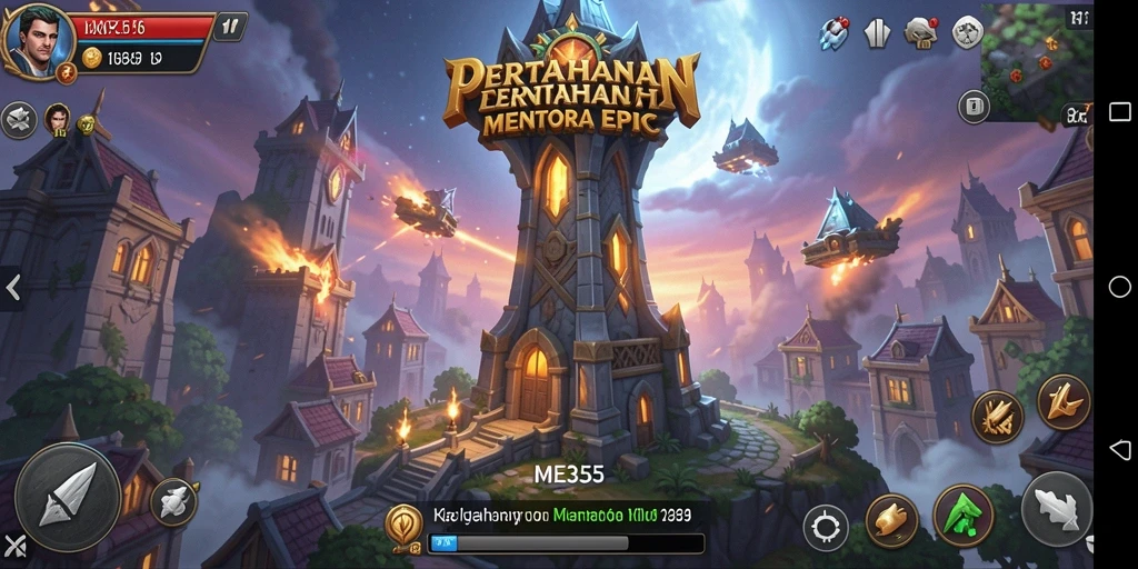 Screenshot gameplay ME355 menampilkan aksi menara melawan gelombang musuh.