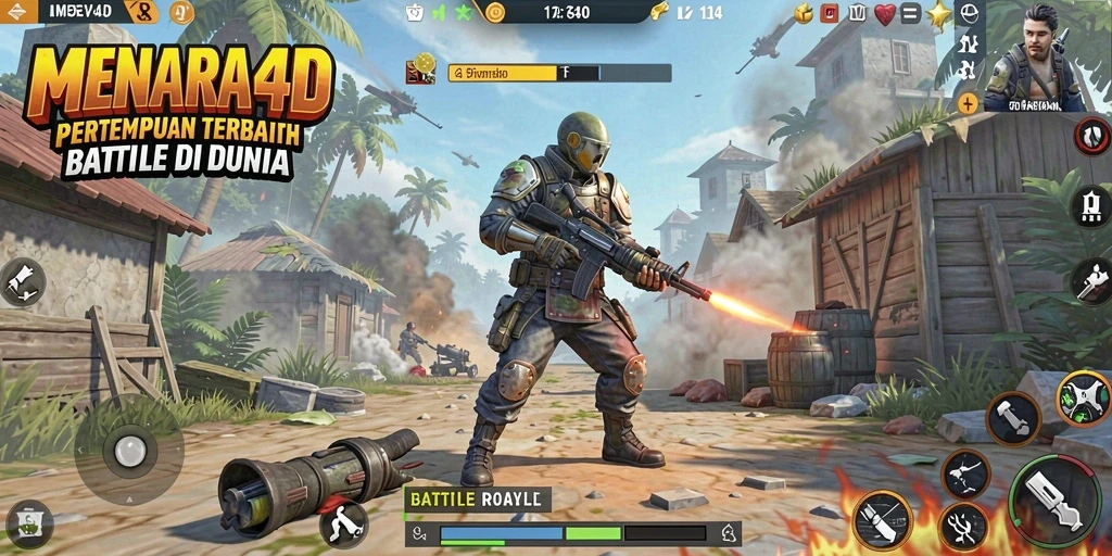 Tangkapan layar MENARA4D menunjukkan aksi pertempuran yang mendebarkan di arena Battle Royale.
