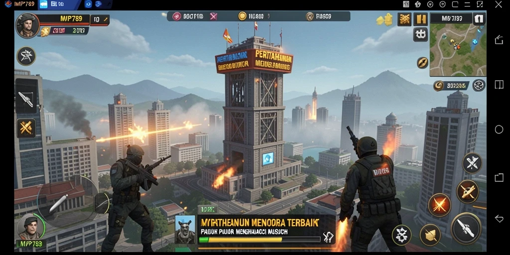 Screenshot utama menampilkan aksi pertahanan di MVP789 dengan menara-strategi.