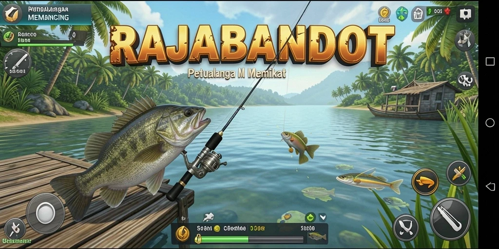 Screenshot utama RAJABANDOT menampilkan gameplay memancing yang seru dan menegangkan.
