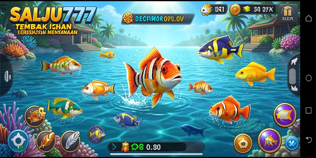 Screenshot utama SALJU777 menampilkan pegunungan bawah laut yang indah dan aksi tembak ikan.