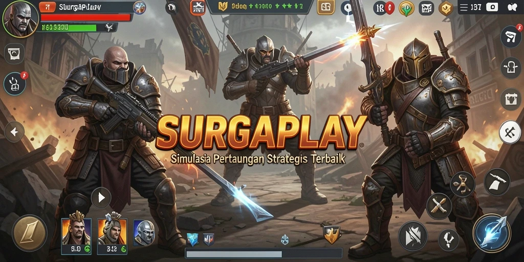 Screenshot SURGAPLAY menunjukkan aksi pertempuran dan pengelolaan sumber daya yang seru.