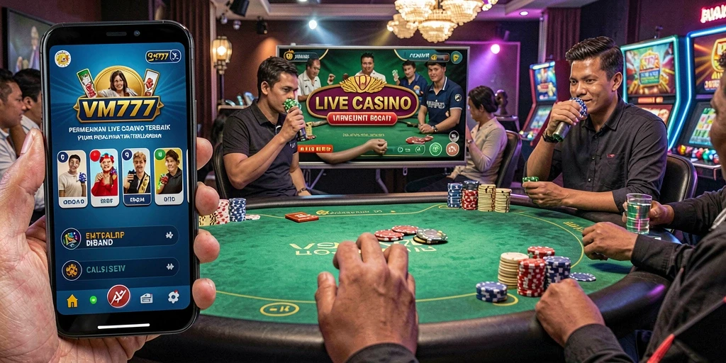 Screenshot menunjukkan gameplay Live Casino VM777 dengan dealer langsung yang interaktif.