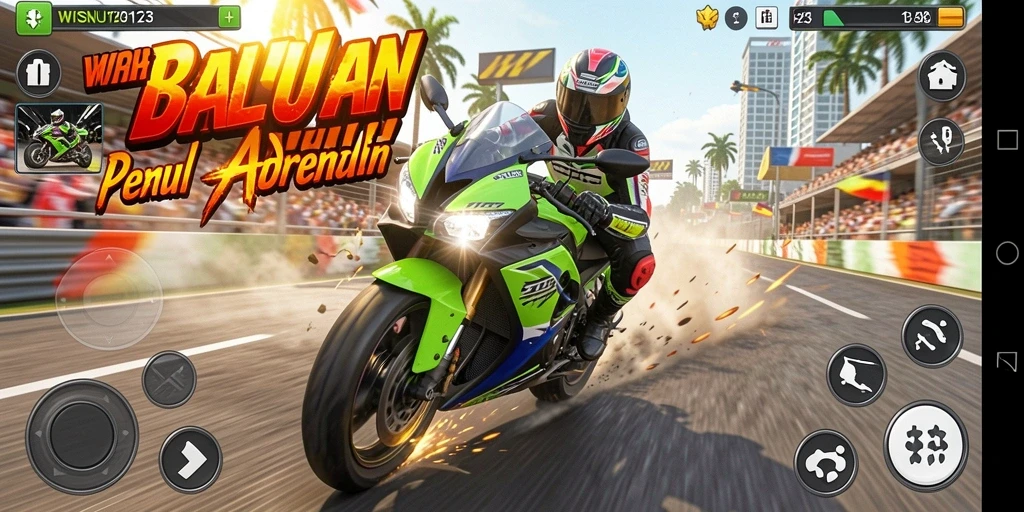 Gameplay mendebarkan di WISNU123 dengan balapan motor yang seru.